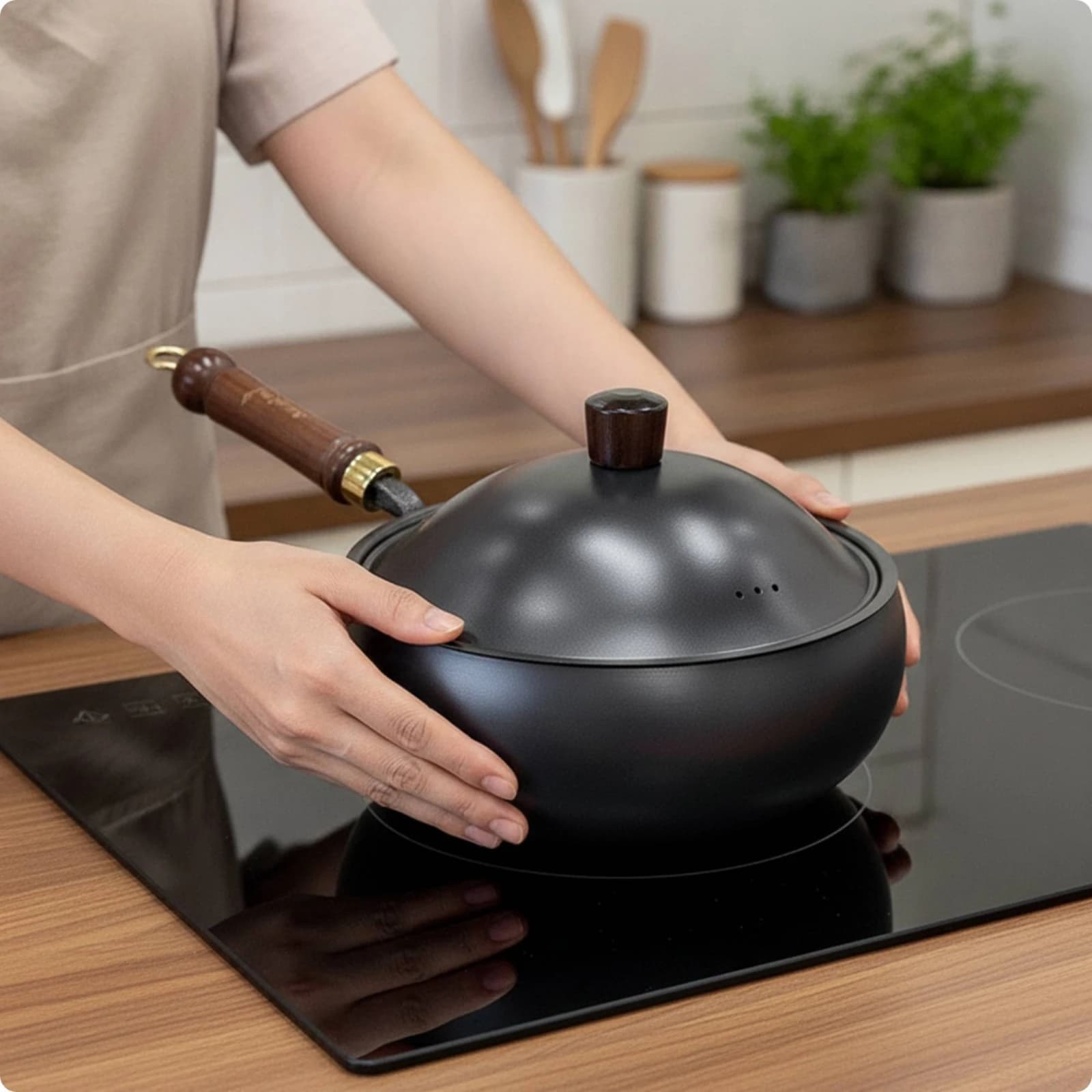 Cast Iron Wok with Lid Even Heating Wok with Wooden Handle Stir-Fry Pan with Wooden Lid Naturally Nonstick Cookware Easy-Grip