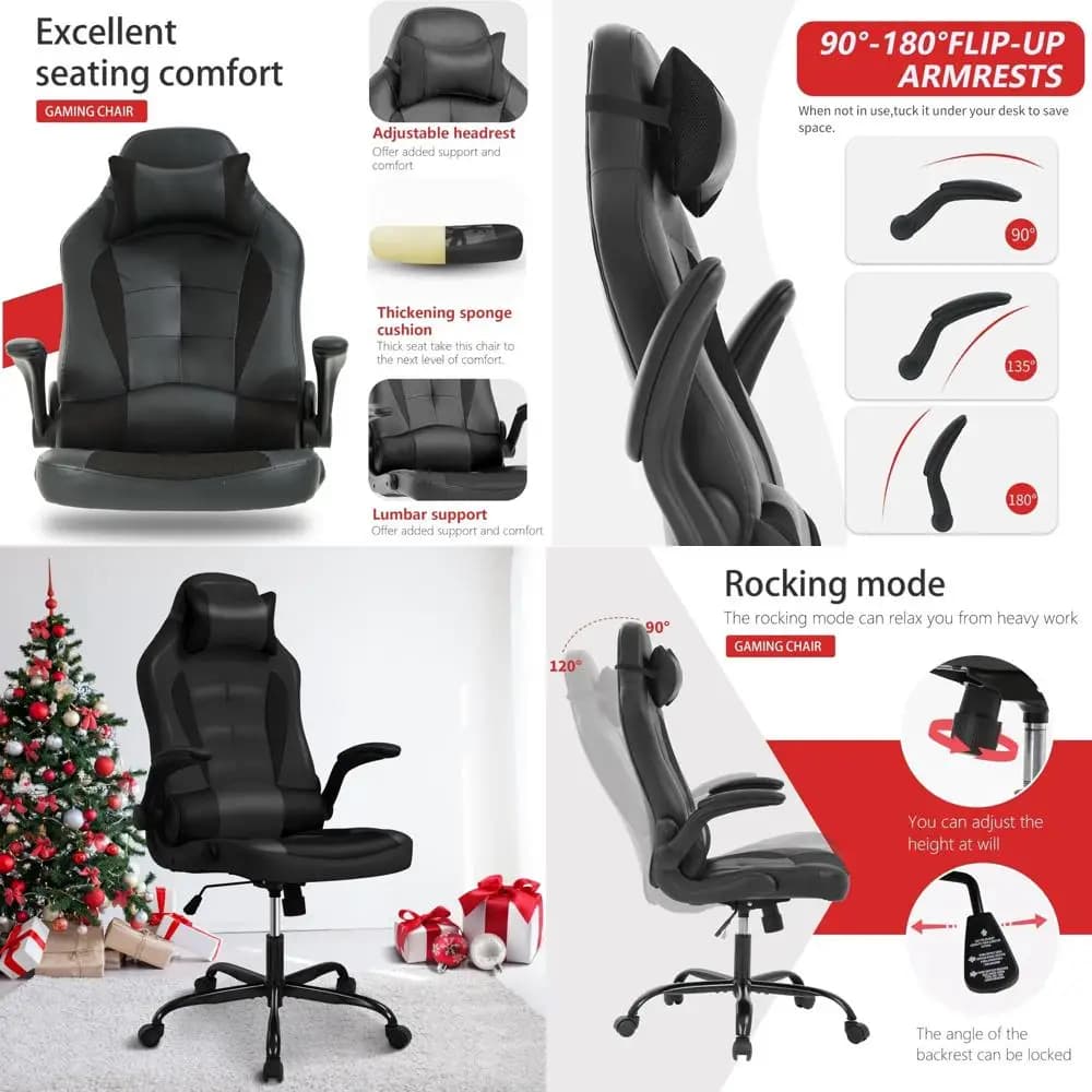 Sedia da gioco ergonomica in pelle PU per adulti: comoda sedia da scrivania per computer con braccioli ribaltabili e supporto per uso a lungo termine