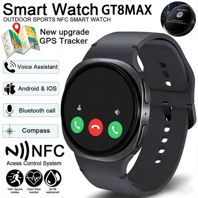 Nuovo Smartwatch 8 con GPS, Orologio Intelligente per Uomo, Monitoraggio Frequenza Cardiaca, Chiamate Wireless, NFC, Impermeabile IP68, Bussola, Smartwatch GT8Max