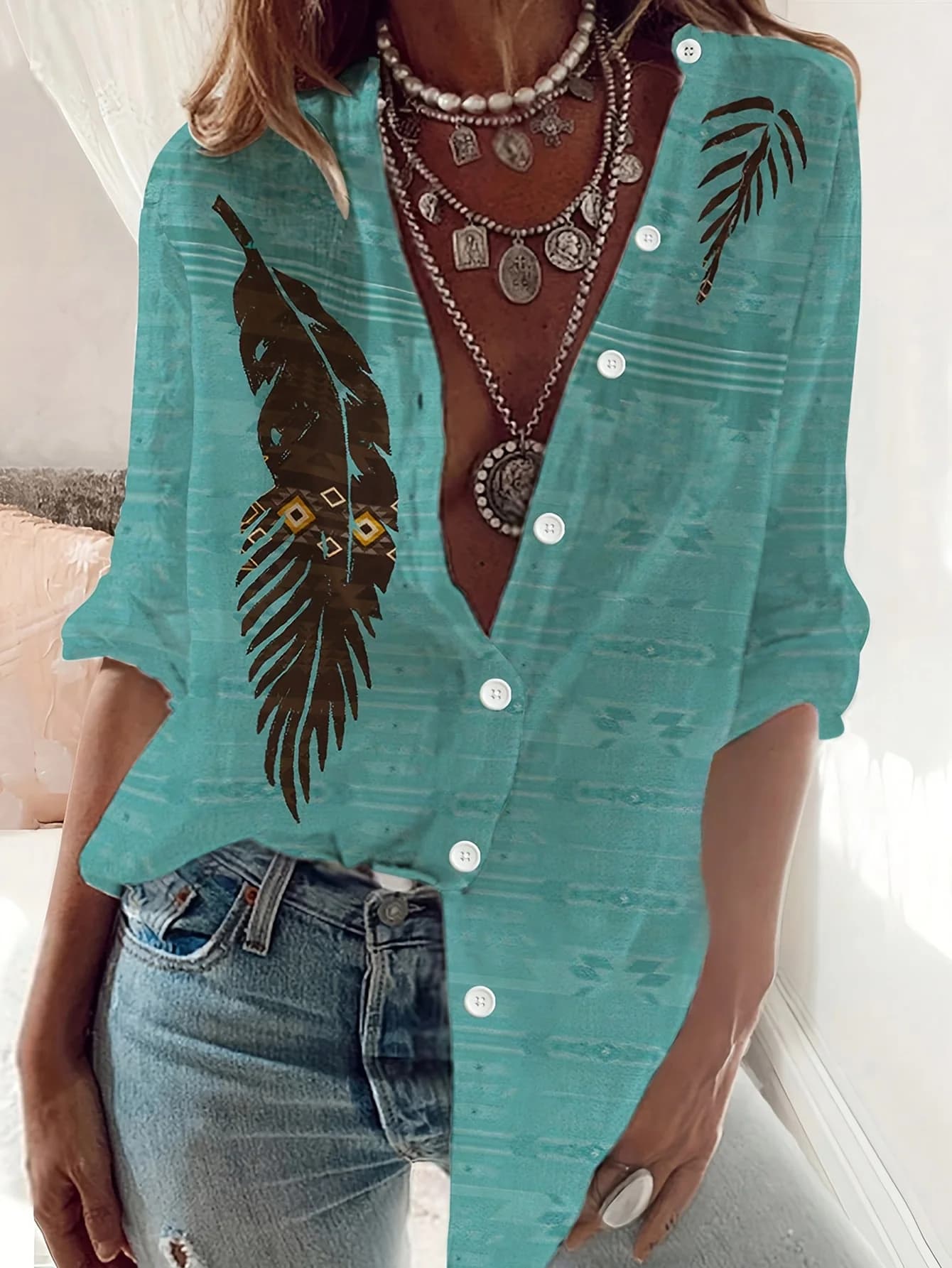 Women's Western Ethnic Print Fashion Slim Fit Long Sleeve Shirt
