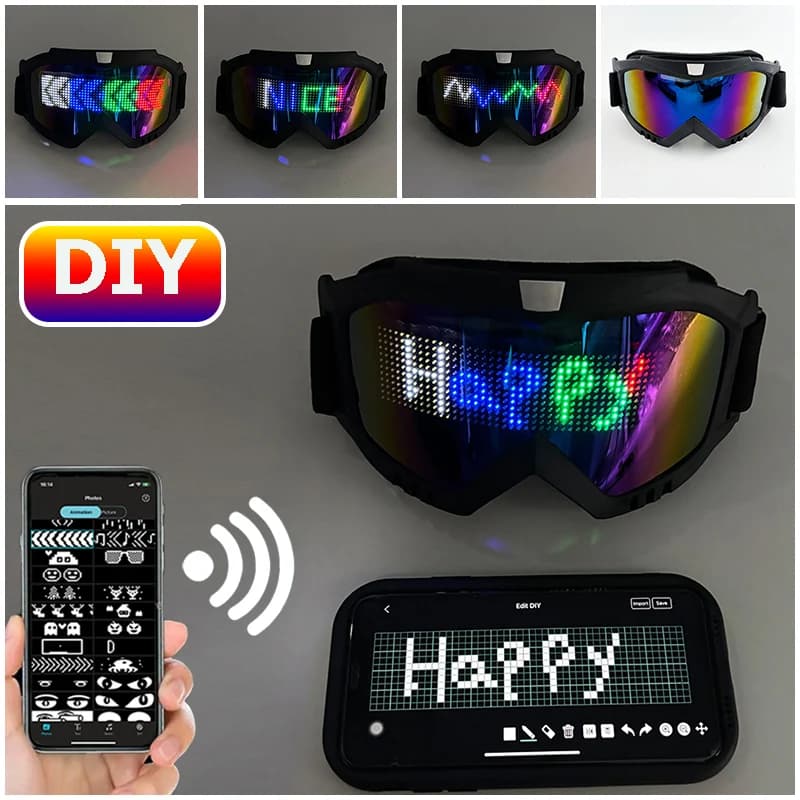 Bluetooth LED Goggles DIY Panel Display Glasses Rechargeable RGB Light Up Ski Goggles for Rave Party Halloween Cosplay props