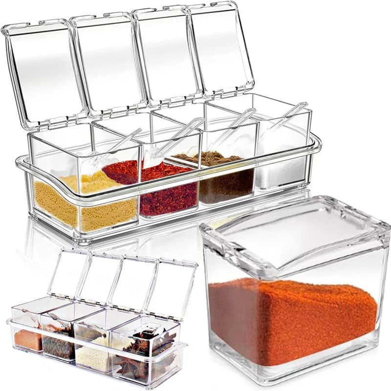 Scatola per condimenti trasparente - Contenitore per la conservazione delle spezie Strumento per la cucina Strumenti per spezie alle erbe Gadget-Crocca con coperchio e cucchiaio