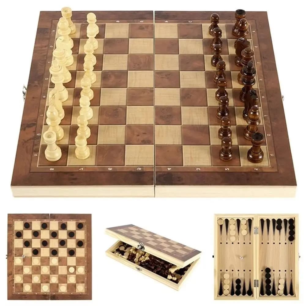 3-in-1 Chess&Backgammon&Checkers Set Wooden Chessboard Board Games Set Educational Portable International Chess Game