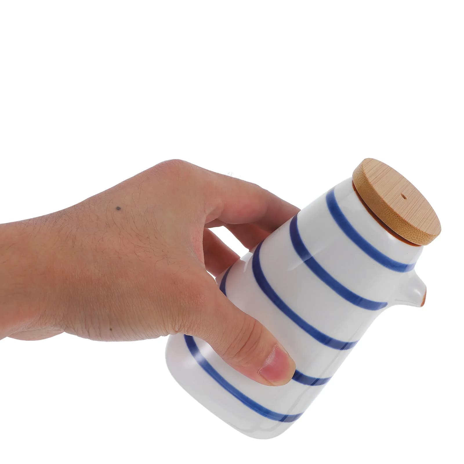 Set di Bottiglie in Ceramica per Olio, Salsa di Soia e Aceto con Beccuccio Corto, Facile da Usare, Coperchio in Legno, Guarnizione in Gomma, Strisce Dipinte a Mano