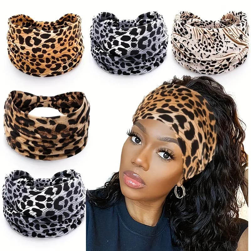 Fasce per capelli larghe da donna, turbante annodato, elastici antiscivolo, fasce per capelli stile boho, per allenamento, yoga, in cotone, con stampa leopardata
