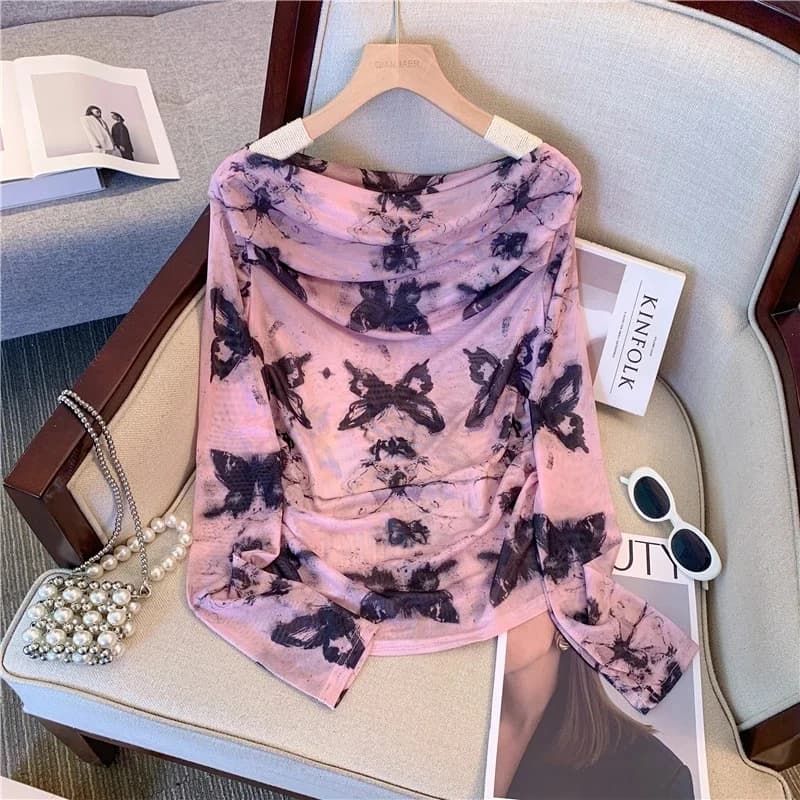 T-shirt a maniche lunghe da donna con stampa sfumata effetto pittura a inchiostro, sottile, sexy, monospalla, in rete, top protettivo solare, stile casual