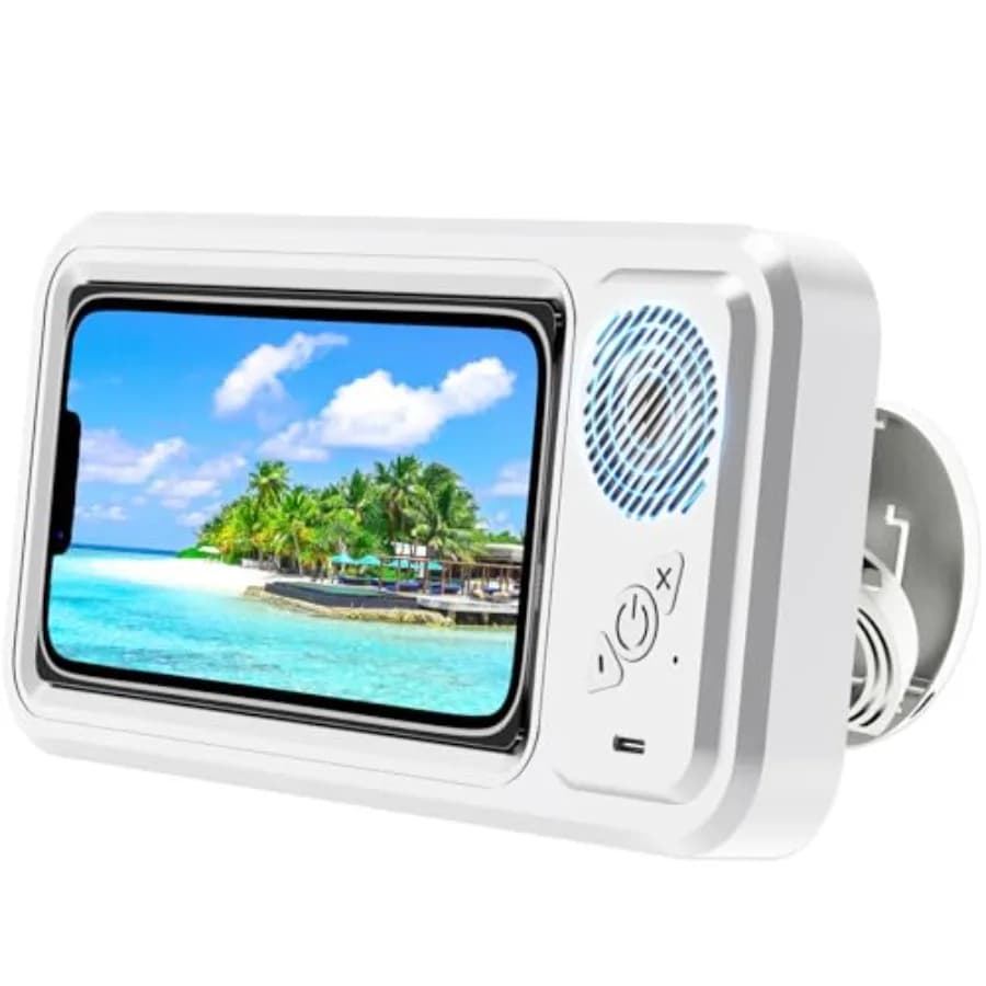 Shower Phone Holder with Wireless Bluetooth Speaker, Waterproof 480 Rotation Viewable Shower Phone Stand Case Mount Speakers fo