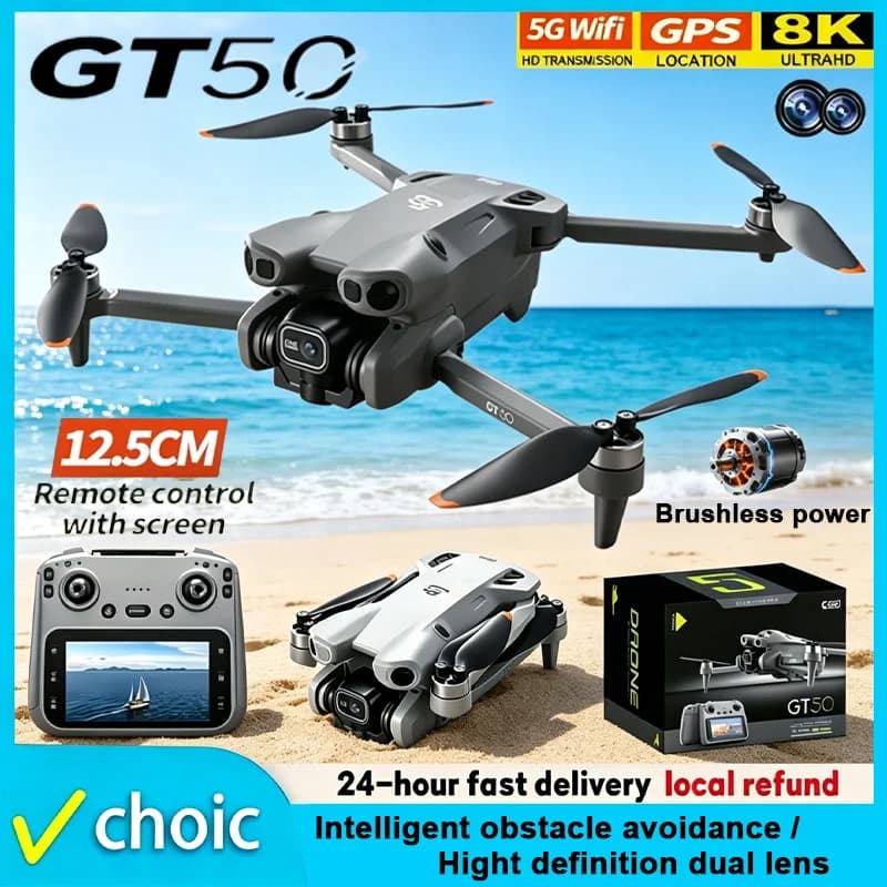 GT50 Droni Professionali GPS con Telecamera HD 8K, Drone 360 ° Quadricottero giocattolo con doppia fotocamera, schermo, telecomando e sistema anticollisione per bambini