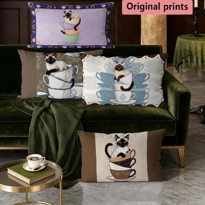 Siamese Cat Teacup Print Pillow Cover Suitable For Sofa Bedroom Car Pillow Cover Cushion Rectangular Back Cushion