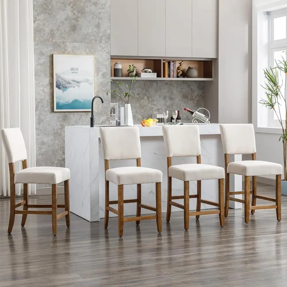 Set di 4 Sgabelli da Bar Imbottiti, Altezza Bancone, con Rivestimento in Tessuto Beige, Gambe in Legno, Adatti per Isola Cucina