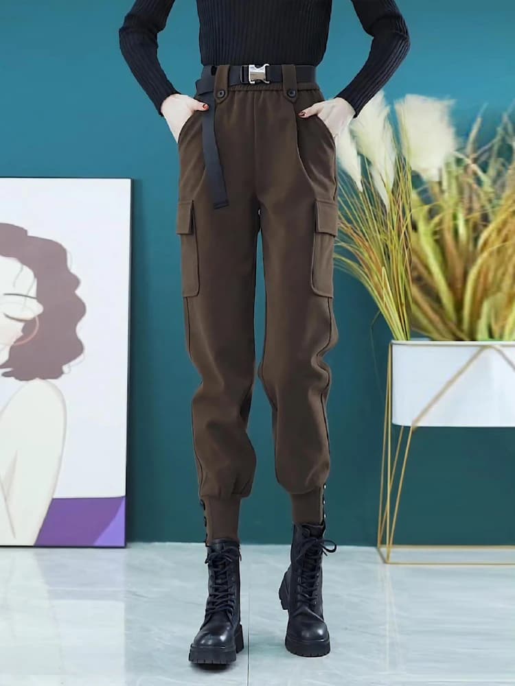Pantaloni da Lavoro in Lana a Vita Alta Foderati in Pile per Donna, Stile Harlan Largo Autunno Inverno, Nuovo Modello, Abbinabili a Stivali, con Risvolto