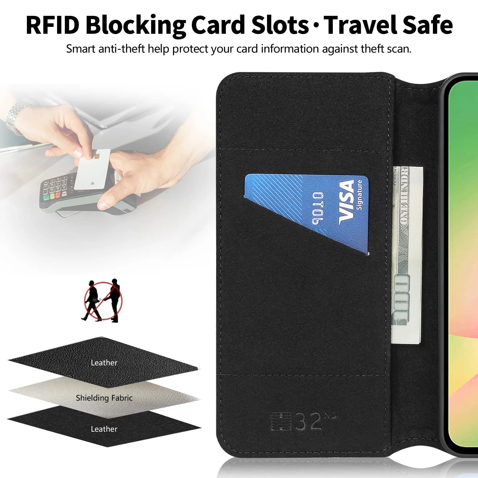 Custodia a libro in vera pelle per SG.A36/A56/A37/A57, con slot per carte con blocco RFID, chiusura magnetica e supporto integrato