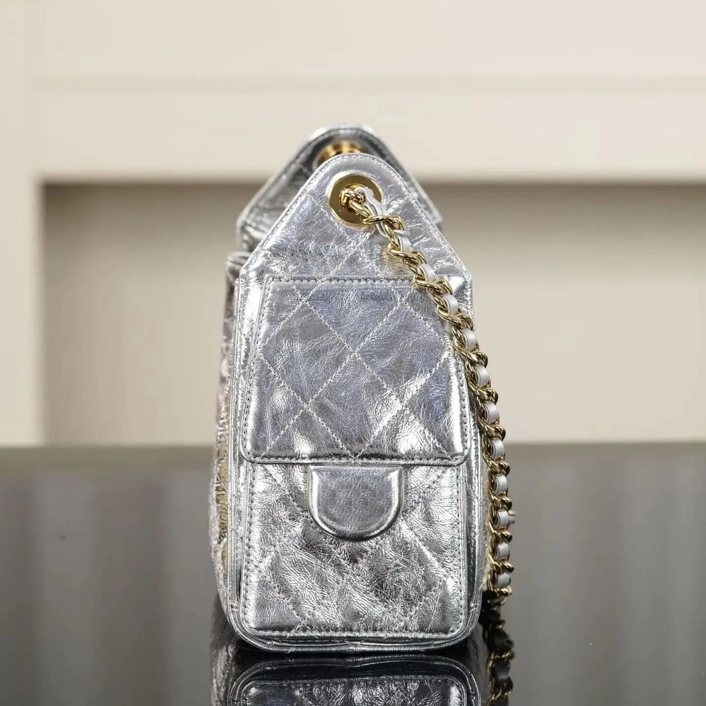 Metallic Silver Crinkled Quilted Mini Bucket Bag, Drawstring Two-Tone Gold Chain Crossbody Bag, Luxury Designer Inspired Evening Party Handbag