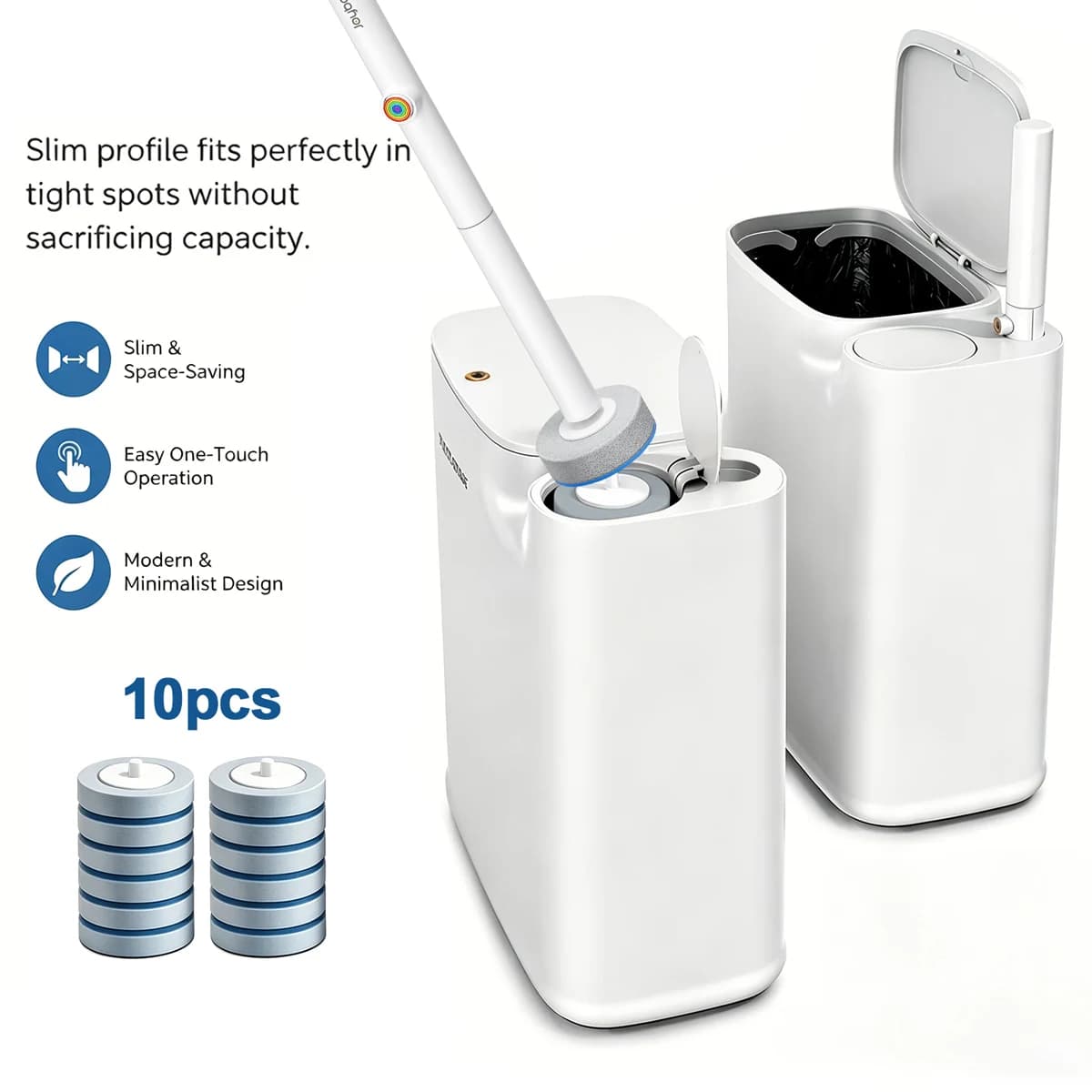 A 2-in-1 set with a lid, equipped with a trash can and toilet brush, featuring 10 disposable toilet brushes. The trash can comes