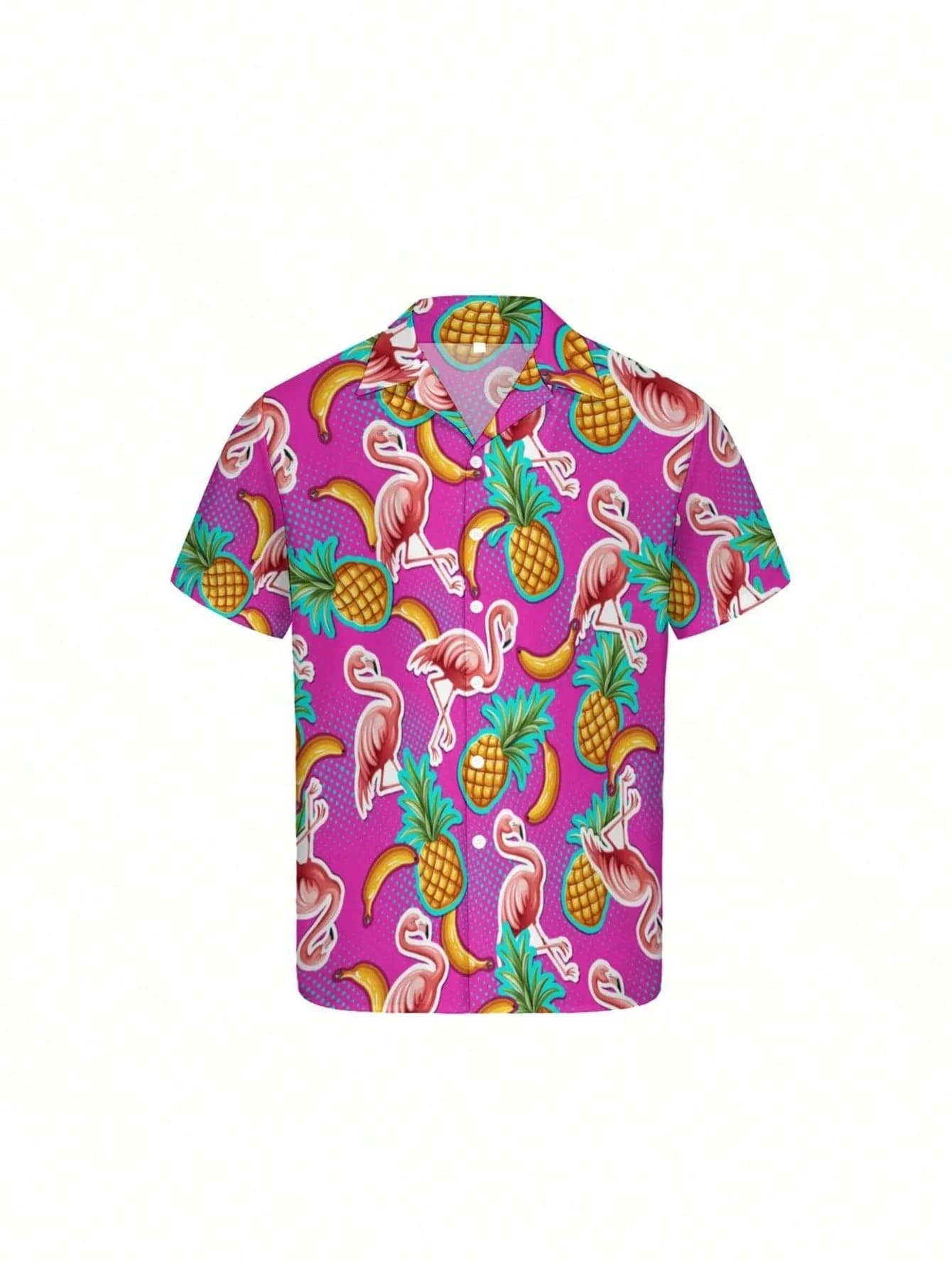 Set di camicia, pantaloncini e cappello a secchiello con stampa tropicale per adulti, con motivo a fenicotteri, ananas e banane