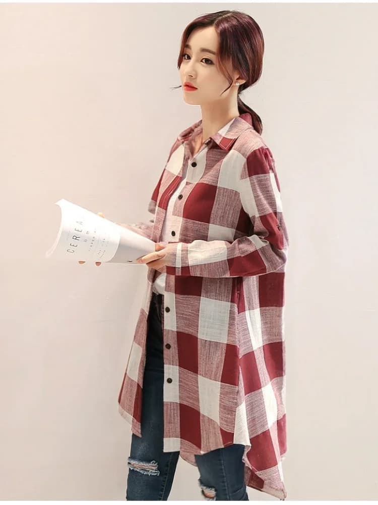 Camicie con bottoni scozzesi rossi vintage da donna nuove taglie forti Manica lunga con scollo a V Camicette casual Top Stile moda Streetwear Abbigliamento quotidiano