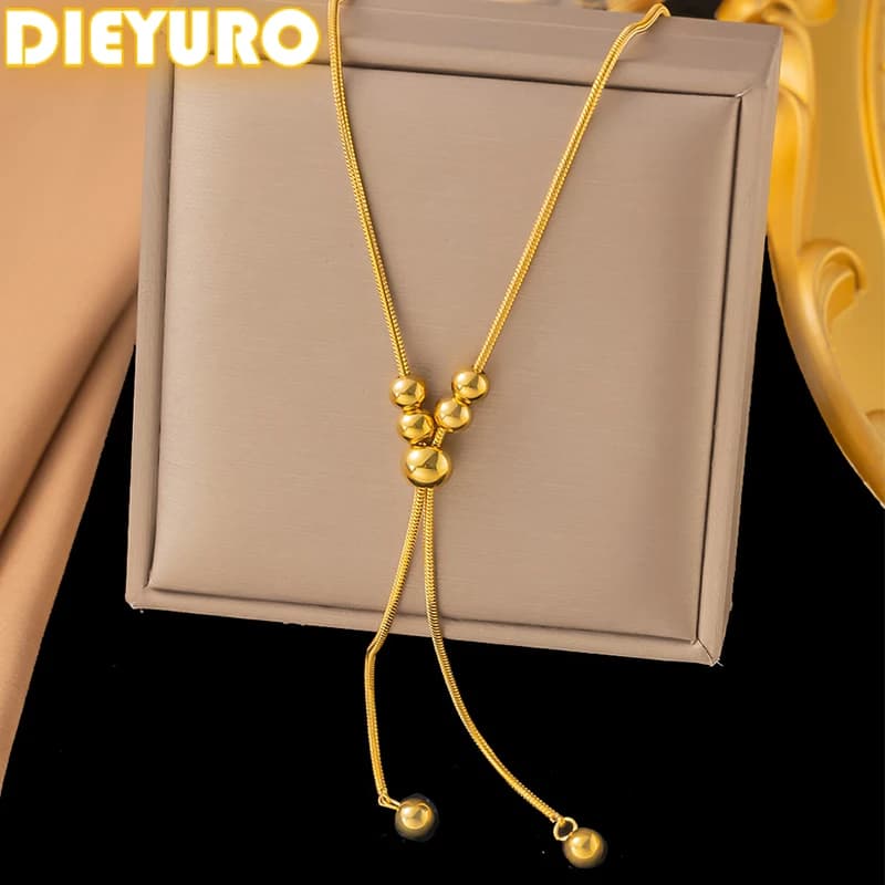 316L Stainless Steel Adjustable Chain Necklace With Golden Ball Women, Holiday Gift, New Fashion Neck Jewelry