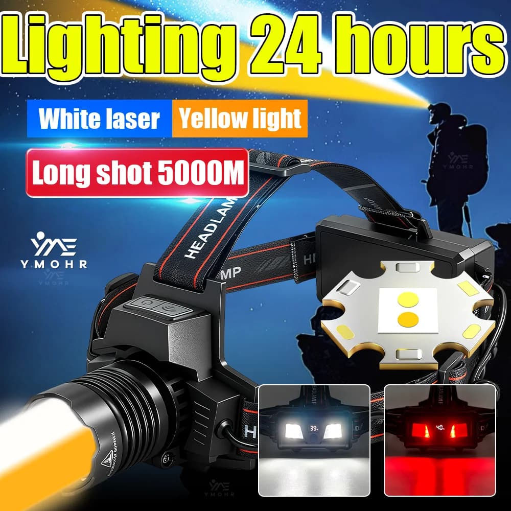 Lampada Frontale da Lavoro 24h, Potente Torcia LED Ricaricabile USB, Zoom Regolabile, Impermeabile, per Campeggio, Pesca, Attività all'Aperto