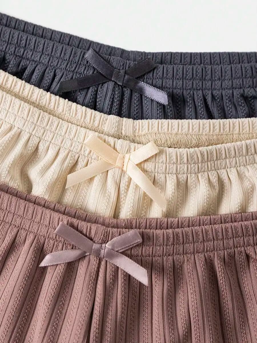 Pantaloncini da notte estivi casual da donna, 3 pezzi, arricciati, tinta unita