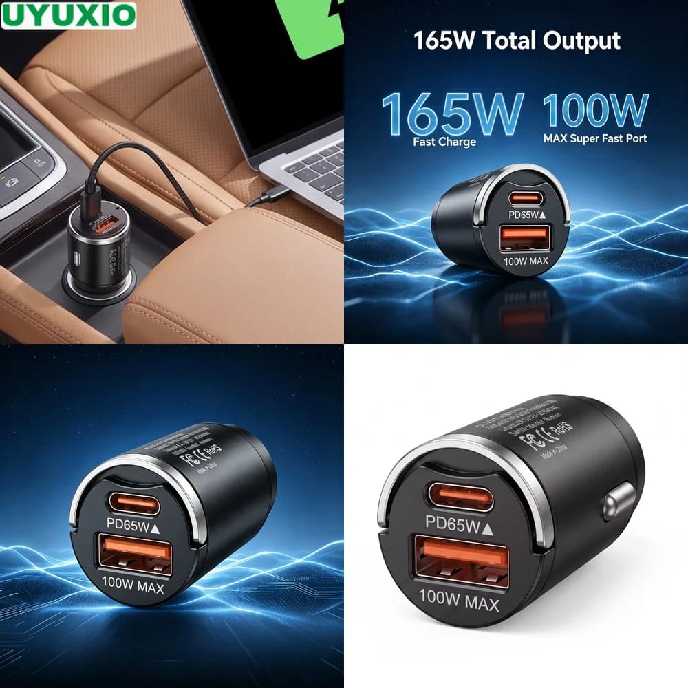 165W Two Port Car Charger PD 65W USB C and 100W USB A Charging Low Profile Zinc Alloy Design for Mobile Devices and Laptops