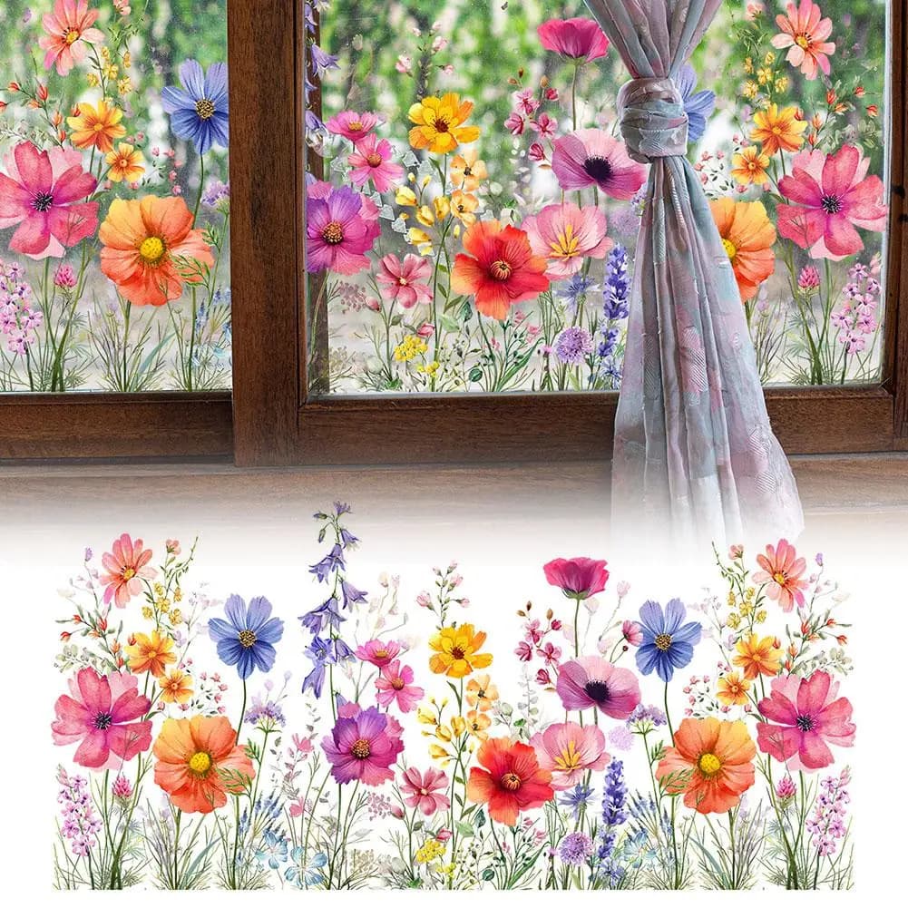Adesivo Murale Floreale Bifacciale Colorato, Pellicola Elettrostatica per Vetri, Decorazione Murale Visibile, Bellissimo Sfondo Decorativo