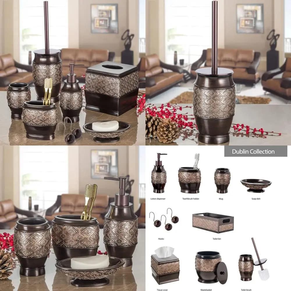 Set di accessori da bagno marrone Dublino da 6 pezzi: scopino per WC, porta fazzoletti, dispenser di sapone, piatto, bicchiere, portaspazzolino