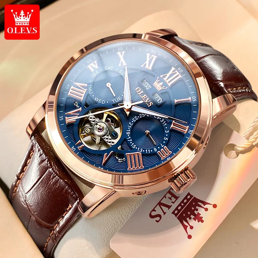 OLEVS 6668 Orologi da uomo delle migliori marche Trend Fashion Orologio da polso meccanico automatico Cinturino in pelle Orologio luminoso impermeabile per uomo