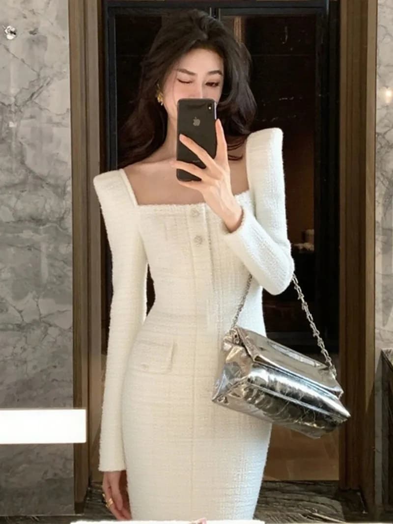New Luxury Sexy Square Collar Dress Women Tweed High End Autumn Fashion Elegant Slim Waist Long Sleeve Party Dresses Vestidos