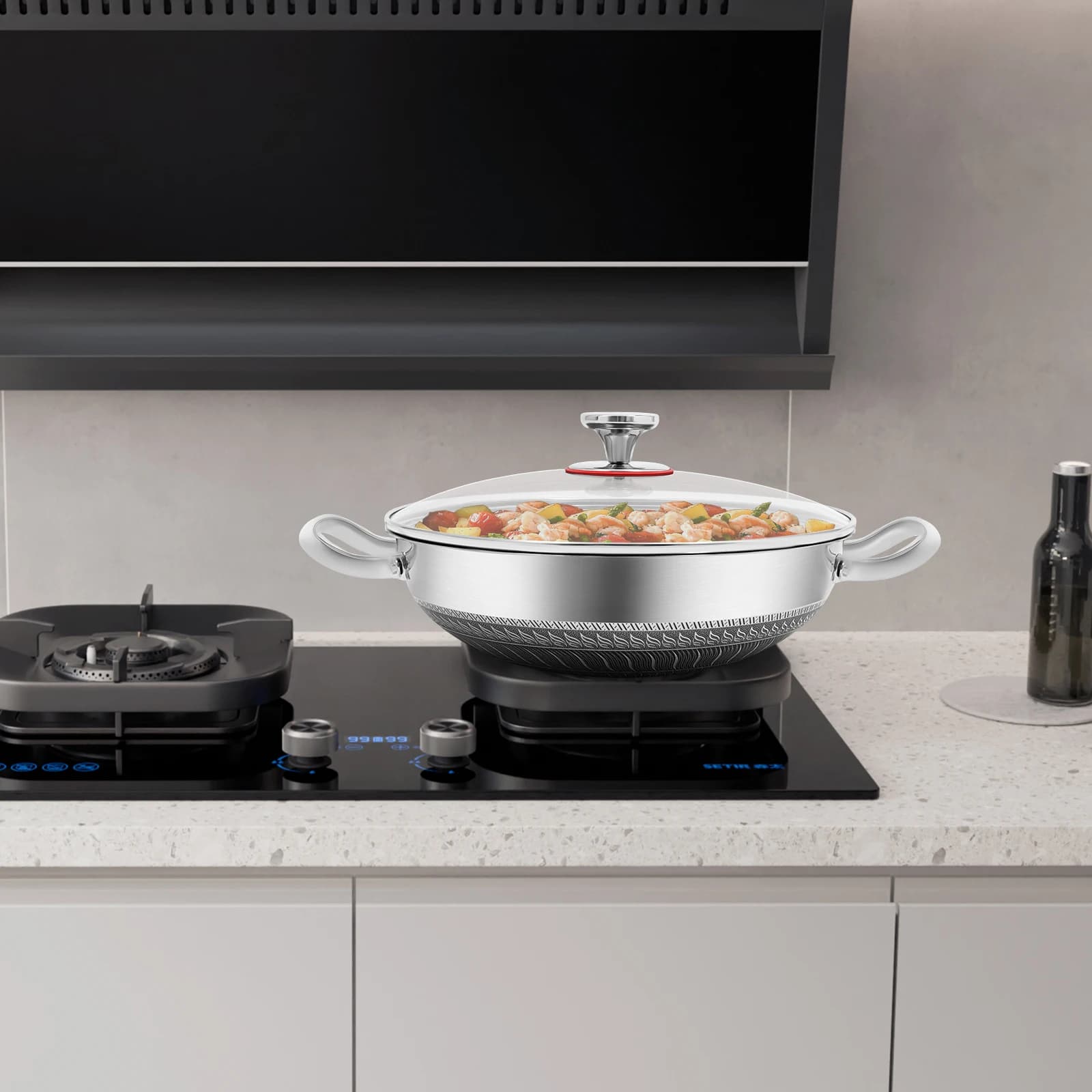 316 Stainless Steel Pan with Cooking Lid Non Stick Frying Pan with Lid-carrying Handle Spiral Pattern for All Hobs Including Induction, Gas, Electric, Halogen, Glass, and Ceramic