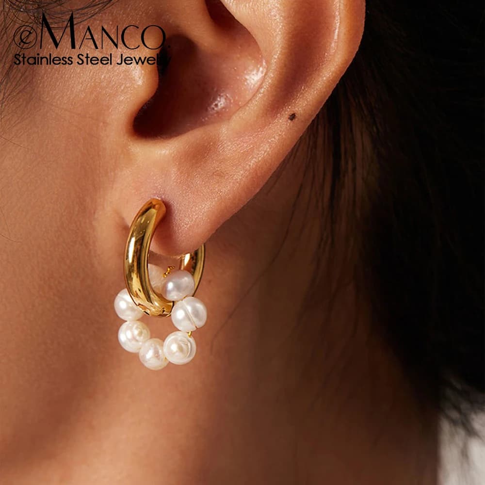 EManco Stainless Steel Pearl Hoop Women's Earrings Y2K Style with Hoop Pearl Cluster Elements Ideal for Daily Commute Jewelry