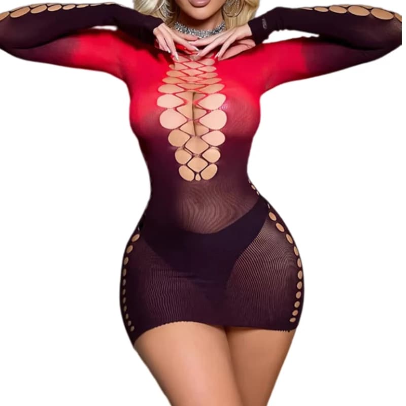 Lingerie da donna sexy rossa sfumata Rete da pesce Crotchless Tuta Pigiama Costumi di biancheria intima erotica senza schienale a maniche lunghe