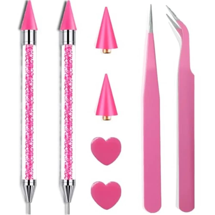 8 Pink Rhinestone Picker Tool Set - 2 Pcs Dual-Head Wax Pens with 2 Wax Tips and 2 Pink Tweezers, Wax Pencil for Rhinestones, C