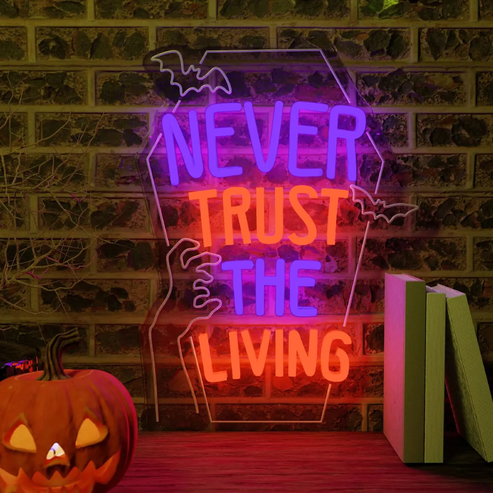 Never Trust The Living Insegna al neon a LED per decorazioni da parete Dimmerabile Decorazioni horror di Halloween Sala giochi Luce notturna spaventosa Casa stregata