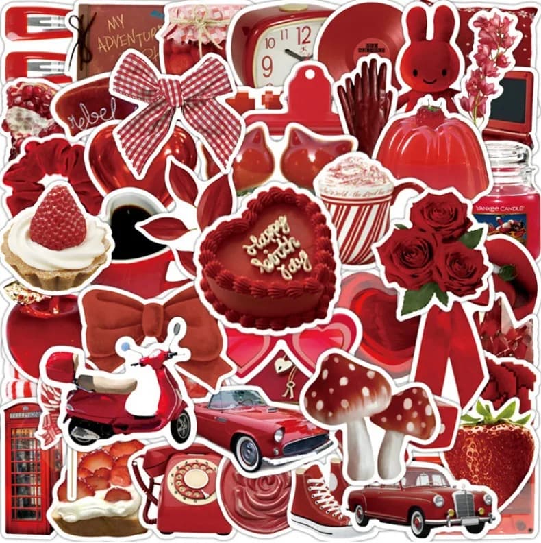 50/100 Pezzi Adesivi Estetici Rossi Stile Ins, Vinile Impermeabile per Scrapbook, Scrivania, Telefono, Casco, Cartelle, Valigie