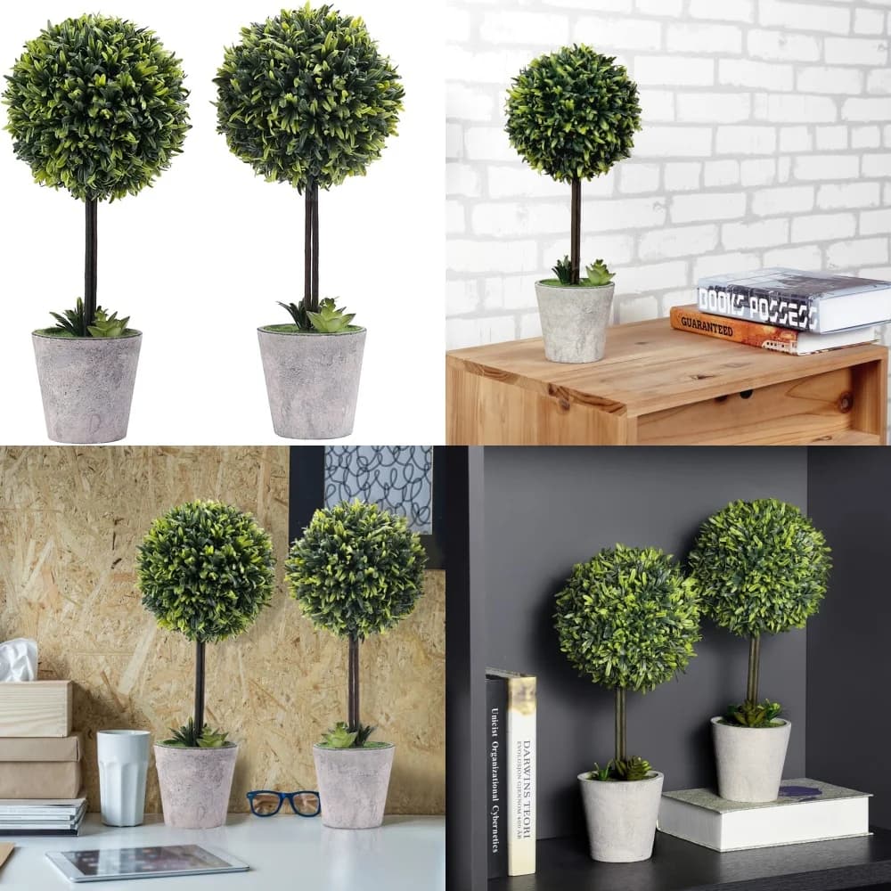 Set of 2 toy trees in artificial wood, modern grey pulp planter, interior and exterior decorations, green plants for home garden office
