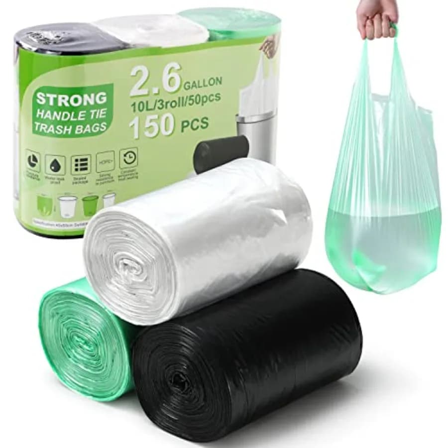 2.6 Gallon Trash Bag 150 Count, Unscented Strong Handle Tie Garbage Bags Fit 10 Litter Trash Can, Three Colors for Kitchen, Bat