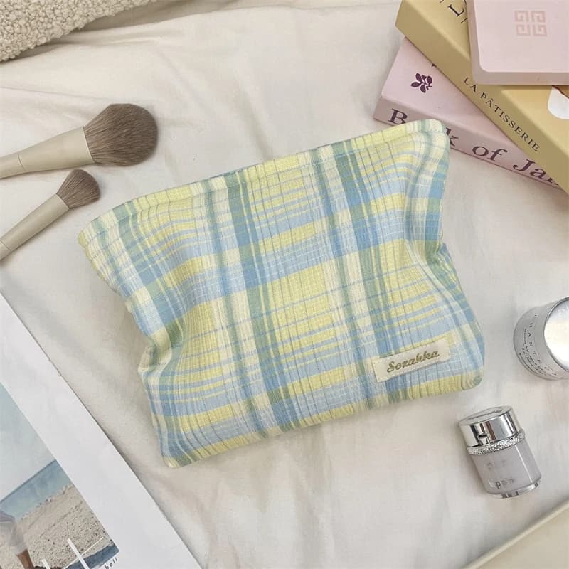 Custodia per trucco femminile con design a colori a contrasto Borsa per il lavaggio leggera scozzese da donna Borse per cosmetici con pochette da viaggio portatili per ragazze