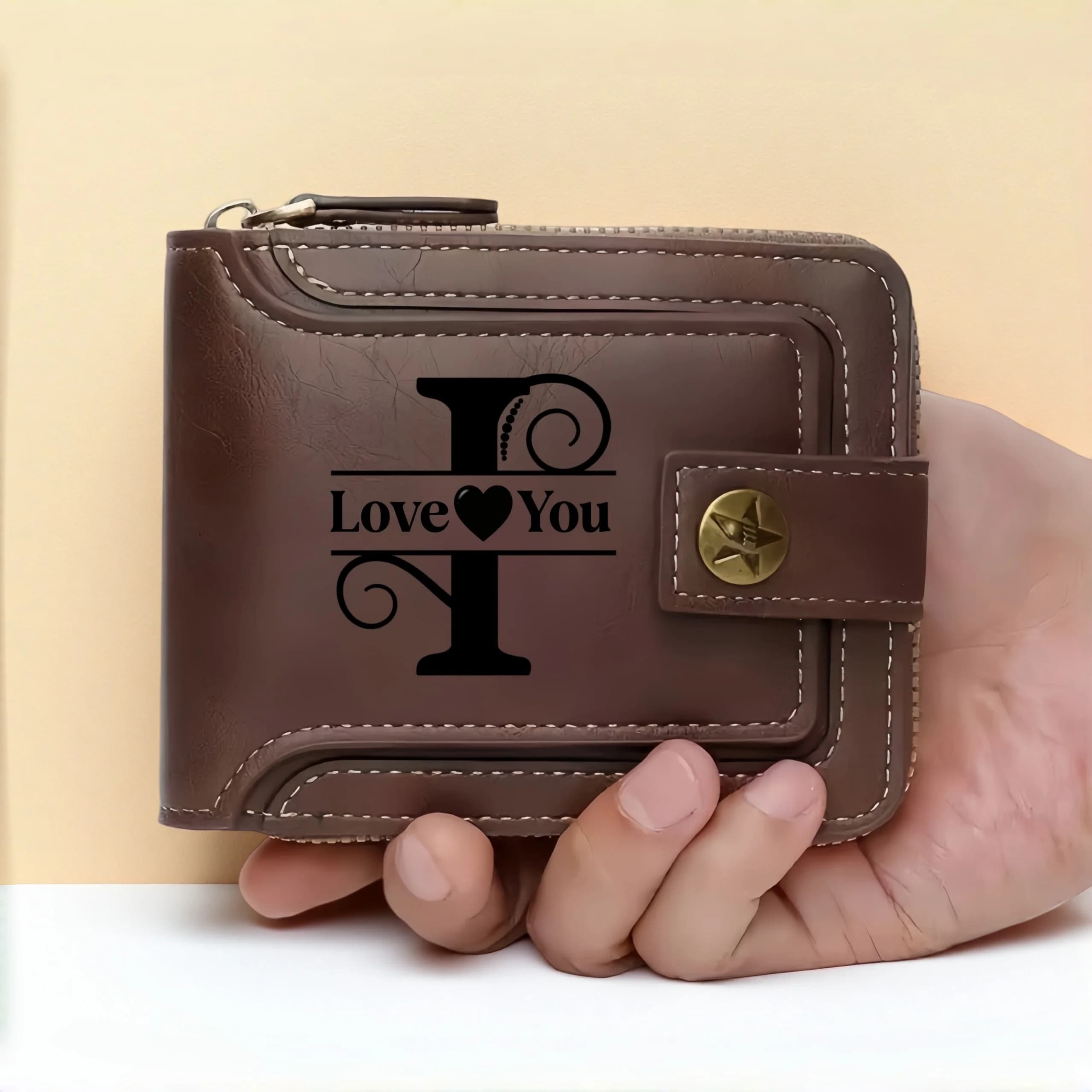 Customized Men's Name Wallet Gift - Fashionable Brown Faux Leather Wallet, With Engraved Design, Snap Closure, Zipper Card Holde