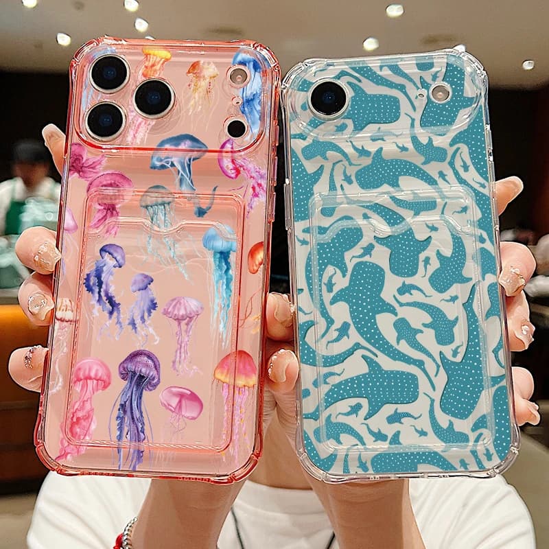 Card Slot Pocket Clear TPU Case For iPhone 17 16 Pro 17e 16e 15 14 13 Pro Max 11 Jellyfish Shark Print Soft Silicone Phone Cover