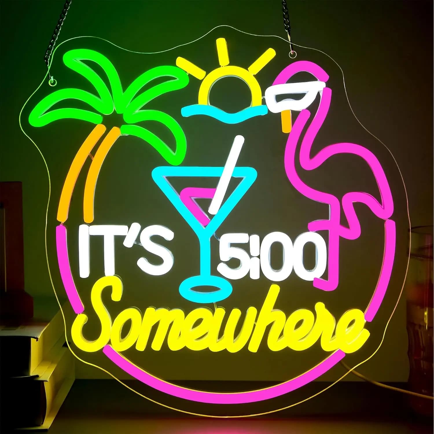 È alle 5 ovunque Insegna al neon per la decorazione della parete Dimmerabile Led Flamingo Cocktail Luce al neon per uomo Grotta Tiki Bar Casa Birra Bar B