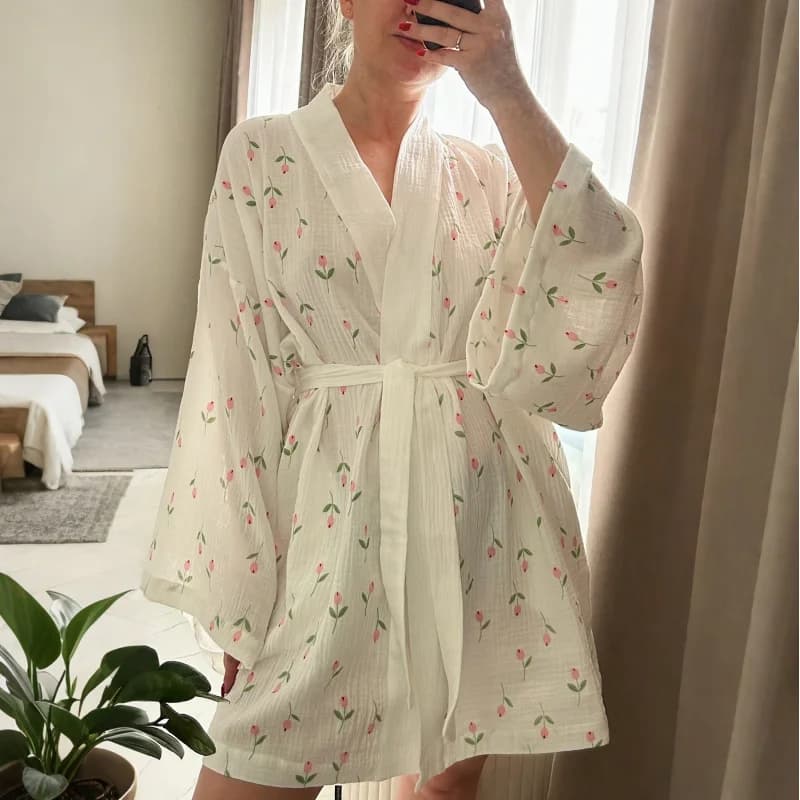 Floral Print Crinkle Robe for Women, 1-Piece Long Sleeve Cotton Bathrobe, Tie-Front & Breathable, Fall Home Loungewear