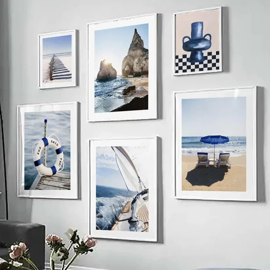 Blue Sea Sunshine Beach White Sailboat Vase Minimalist Wall Art Print Canvas Painting Posters for Living Room Modern Home Decor