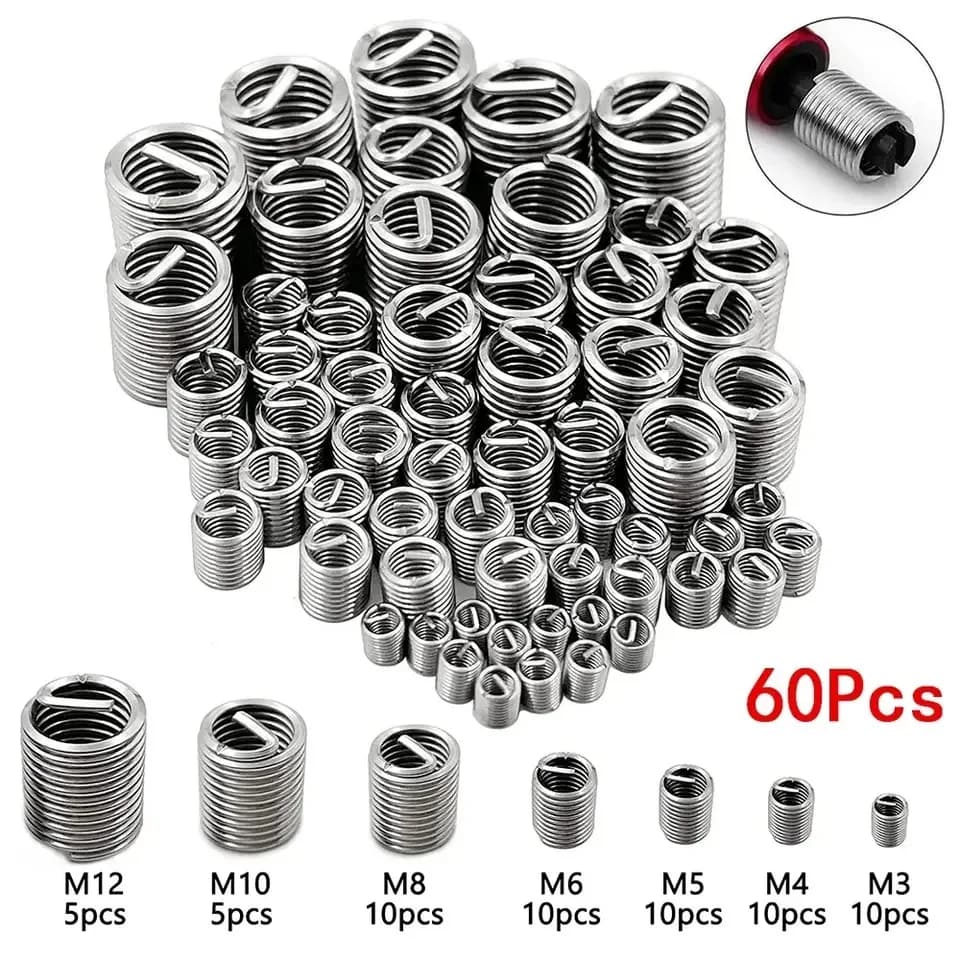 M3 M4 M5 M6 M8 M10 M12 Fastening Thread Insert 60Pcs Wire Thread Insert Stainless Steel Spiral Wire Screw Sleeve Wear Repair Kit