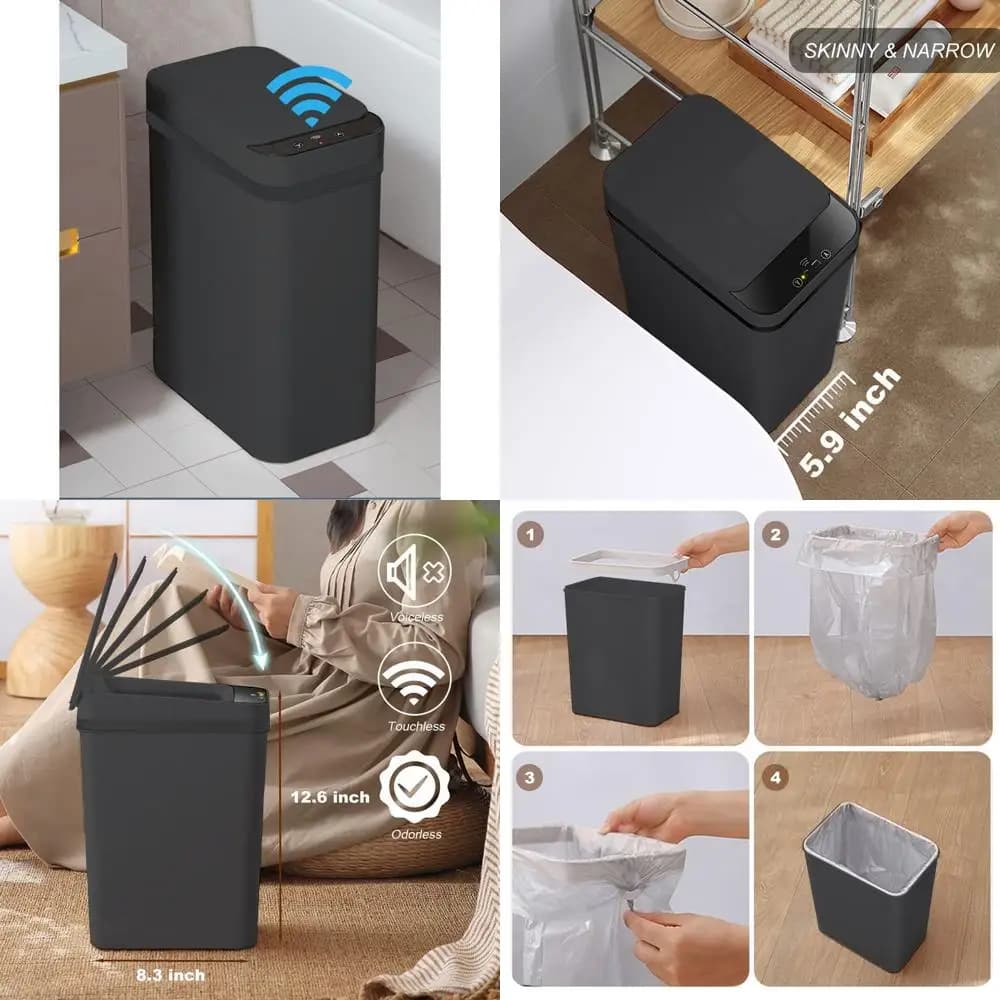Bidone della spazzatura automatico senza contatto: cestino per rifiuti sottile attivato con sensore da 2,5 galloni in nero
