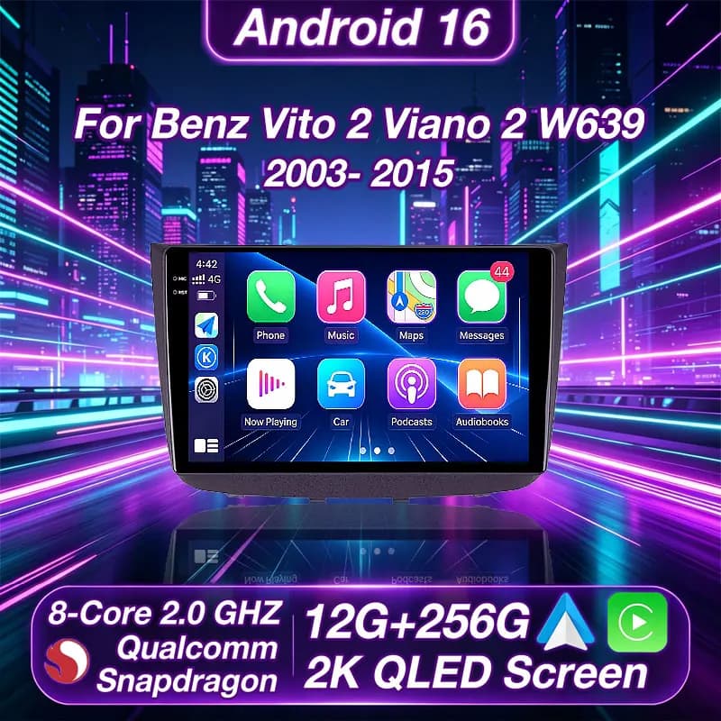 Autoradio Android 16 2K QLED per Mercedes-Benz Vito W639 2010-2015, lettore multimediale video, stereo BT, CarPlay.