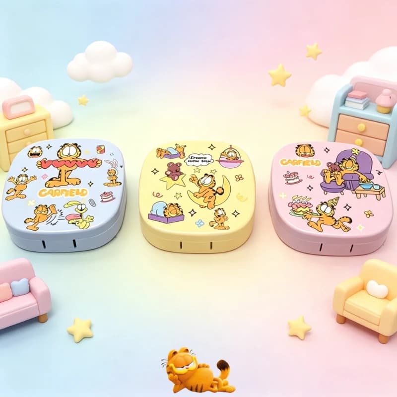 Astuccio per lenti a contatto colorate a tema Garfield, portatile, con specchio e pinzette, merchandising anime all'ingrosso