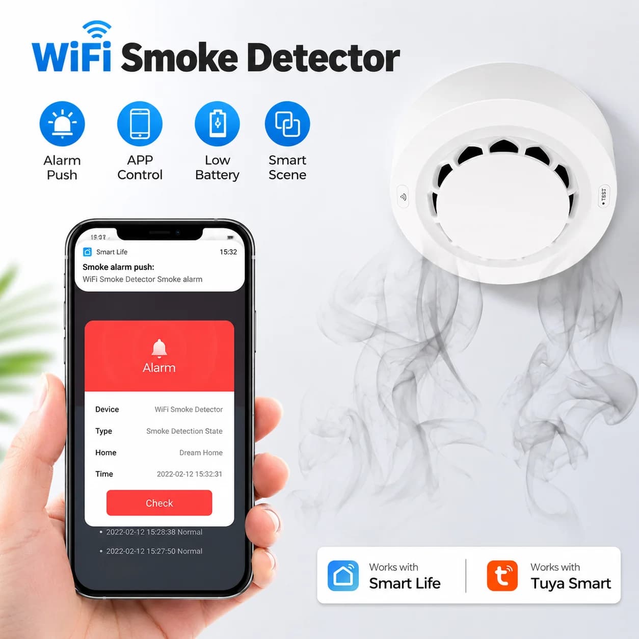 WiFi/Zigbee Smoke Detector Tuya Smart Photoelectric Fire Alarm Smart Life APP Remote Alert Low Battery Warning Home Smoke Sensor