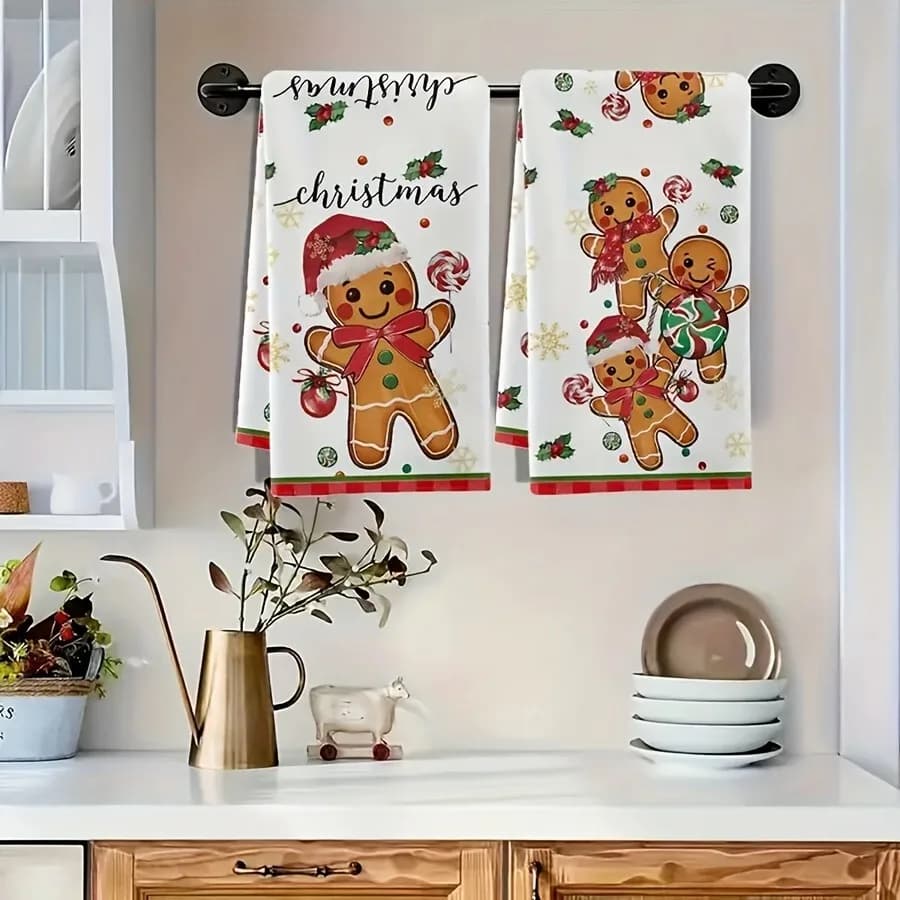2 Random Styles of Christmas Gingerbread Man Kitchen Towels, Christmas Hat and Gingerbread Pattern Dishcloths, Soft Absorbent Holiday Decorative Tea Towels, Suitable for Holiday Cleaning and Wiping, Ideal Gift for Fami
