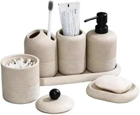 Set da Bagno in Resina Beige da 6 Pezzi – Dispenser Sapone, Porta Spazzolini, Vassoio e Altro per Arredamento e Organizzazione Casa