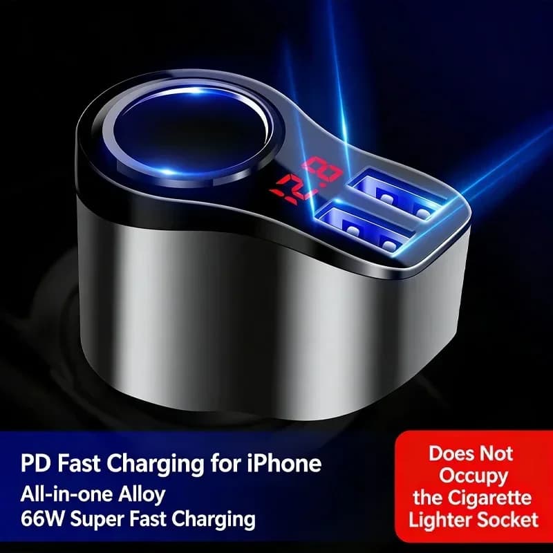 66W Car Charger Super Fast Charging 3in1 Cigarette Lighter Conversion Plug USB Car Charger Expansion Charging Port